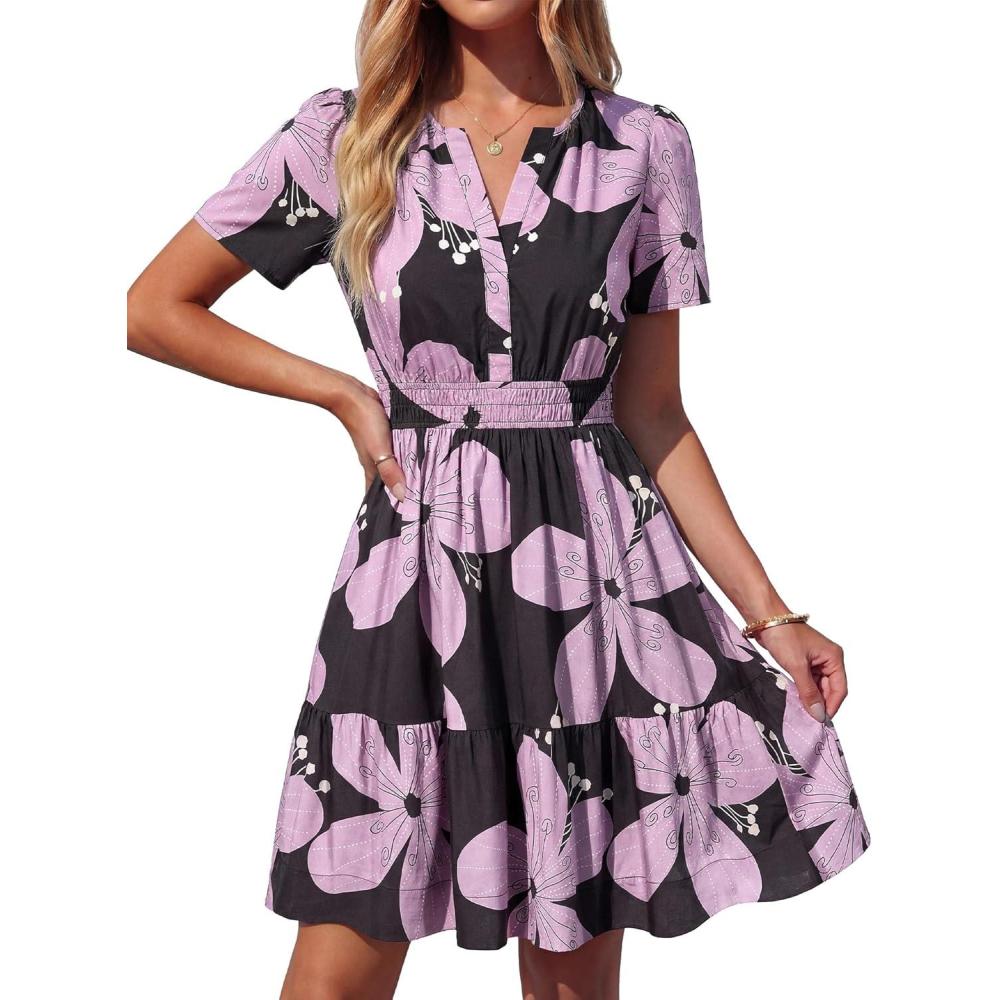 imageBTFBM Summer Dresses for Women 2026 Lightweight Casual Short Sleeve Floral Mini Dress A Line Beach Vacation SundressBlack Purple Flower