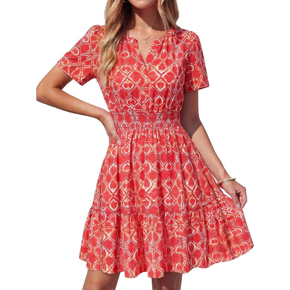 imageBTFBM Summer Dresses for Women 2026 Lightweight Casual Short Sleeve Floral Mini Dress A Line Beach Vacation SundressRed
