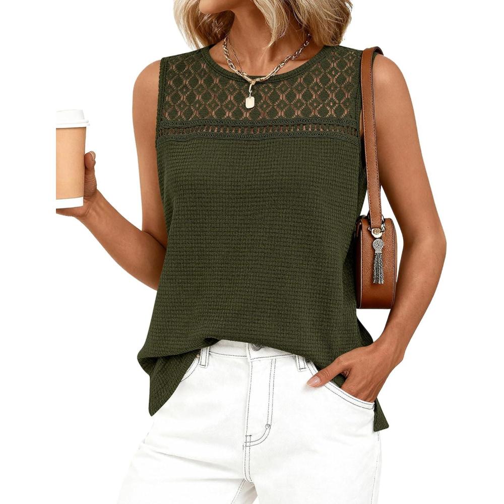 imageBTFBM Tank Top for Women 2026 Sleeveless Shirts Waffle Knit Vest Crew Neck Casual Outfits Loose Blouses Summer TopsArmy Green