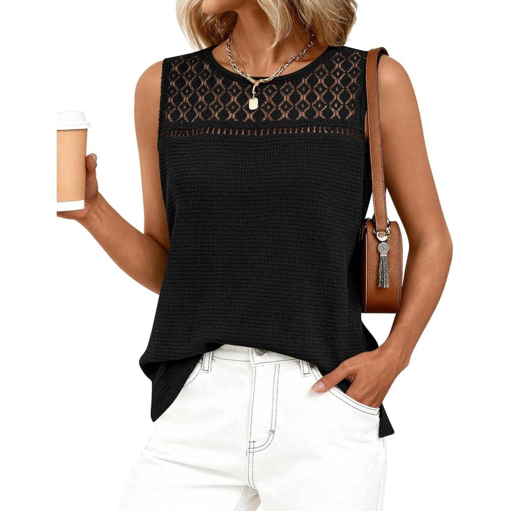 imageBTFBM Tank Top for Women 2026 Sleeveless Shirts Waffle Knit Vest Crew Neck Casual Outfits Loose Blouses Summer TopsBlack
