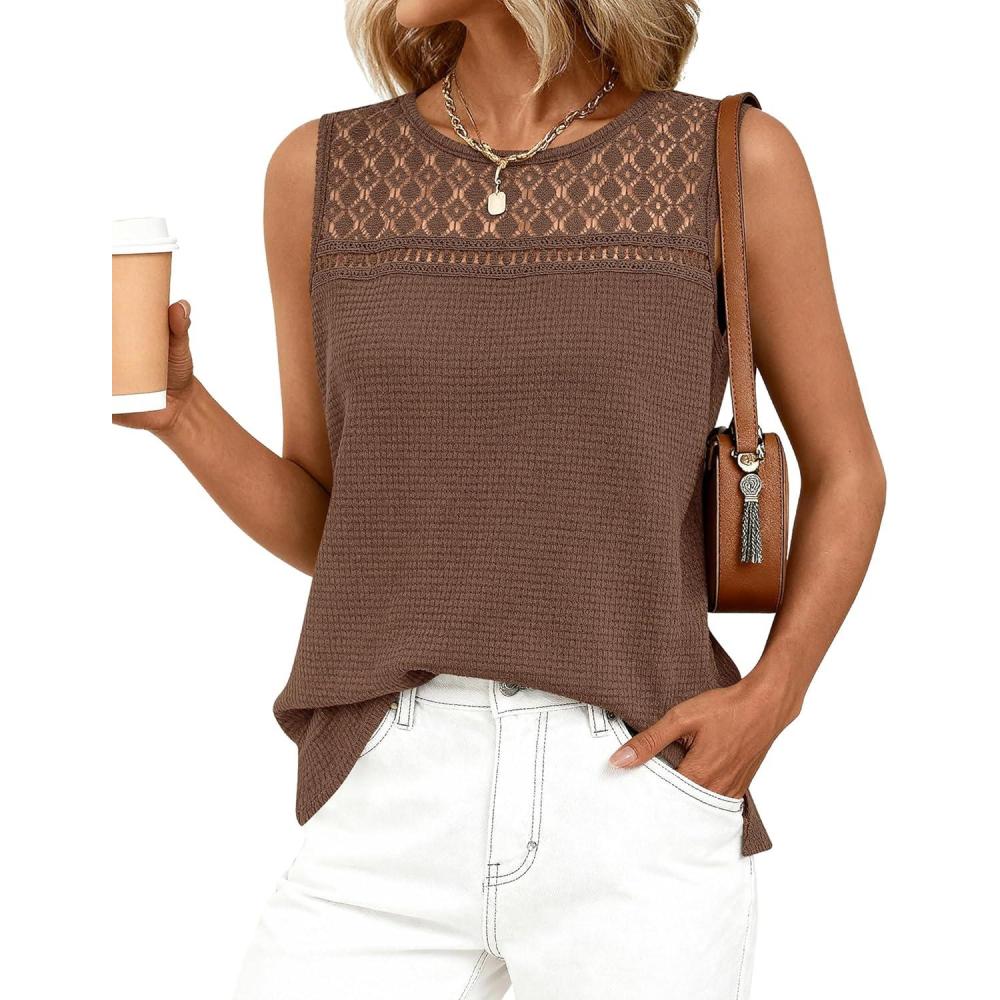 imageBTFBM Tank Top for Women 2026 Sleeveless Shirts Waffle Knit Vest Crew Neck Casual Outfits Loose Blouses Summer TopsCoffee