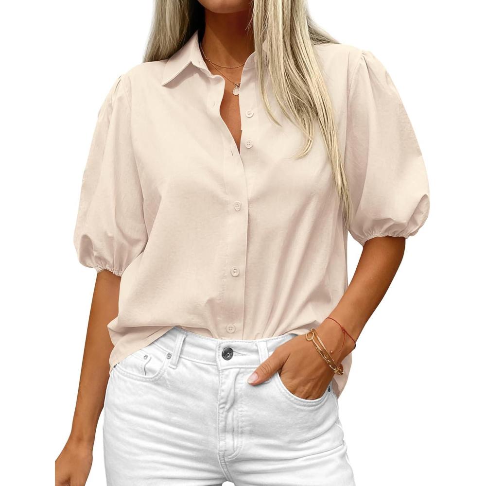 imageBTFBM Womens Button Down Shirts Short Puff Sleeve Collared V Neck 2026 Summer Tops Dressy Casual Work Business BlousesBeige