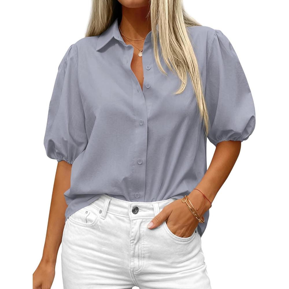 imageBTFBM Womens Button Down Shirts Short Puff Sleeve Collared V Neck 2026 Summer Tops Dressy Casual Work Business BlousesGrey