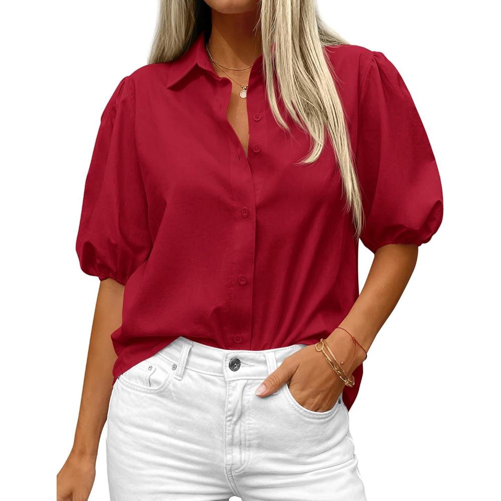 imageBTFBM Womens Button Down Shirts Short Puff Sleeve Collared V Neck 2026 Summer Tops Dressy Casual Work Business BlousesRed