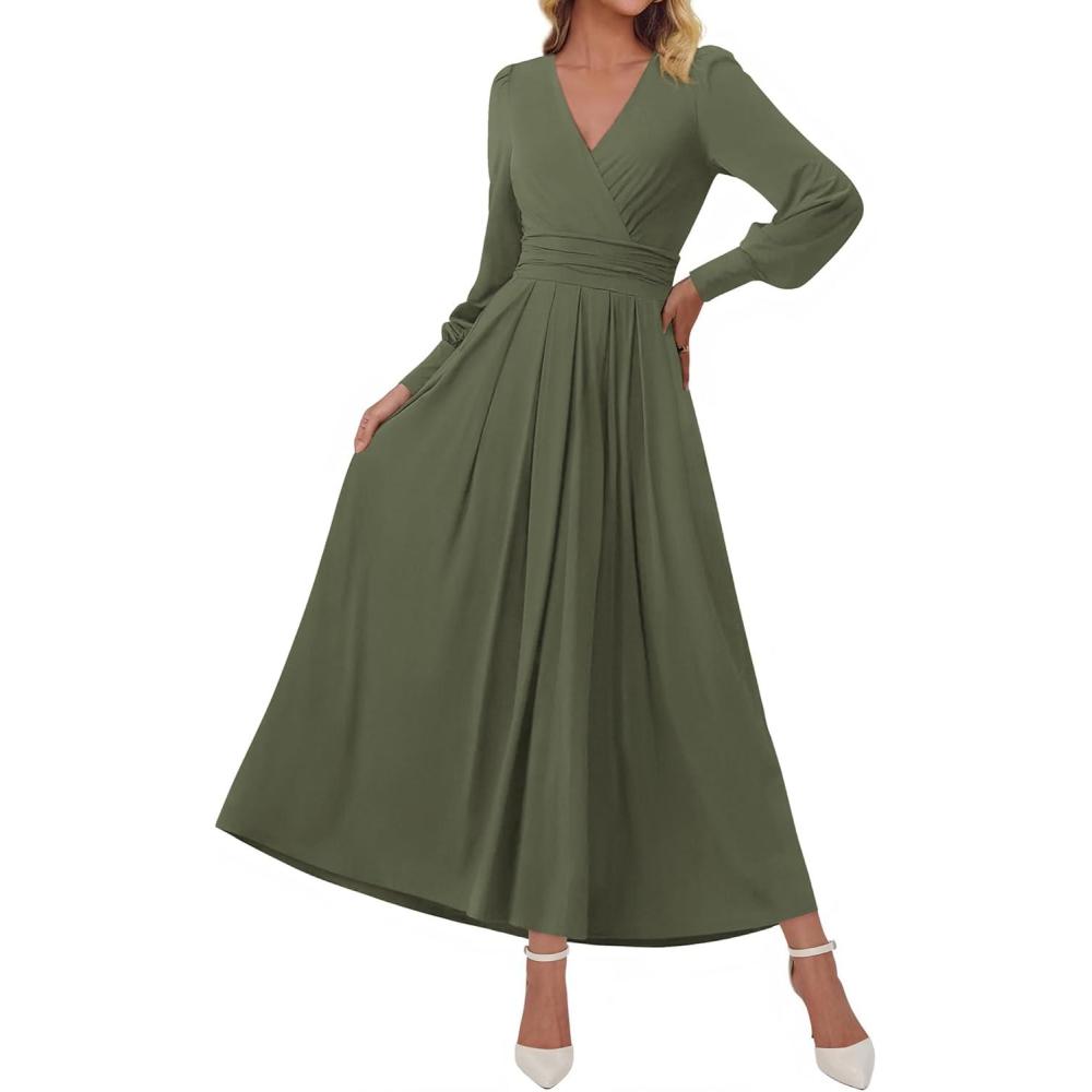 imageBTFBM Womens Long Sleeve Maxi Dress Fall 2025 Casual V Neck Knit A Line Flowy Pockets Elegant Party Wedding Guest DressesArmy Green