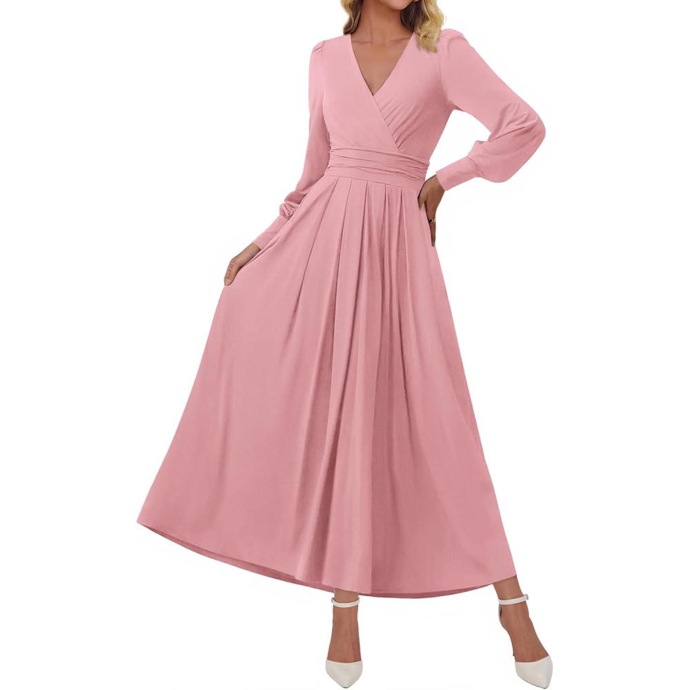 imageBTFBM Womens Long Sleeve Maxi Dress Fall 2025 Casual V Neck Knit A Line Flowy Pockets Elegant Party Wedding Guest DressesPink