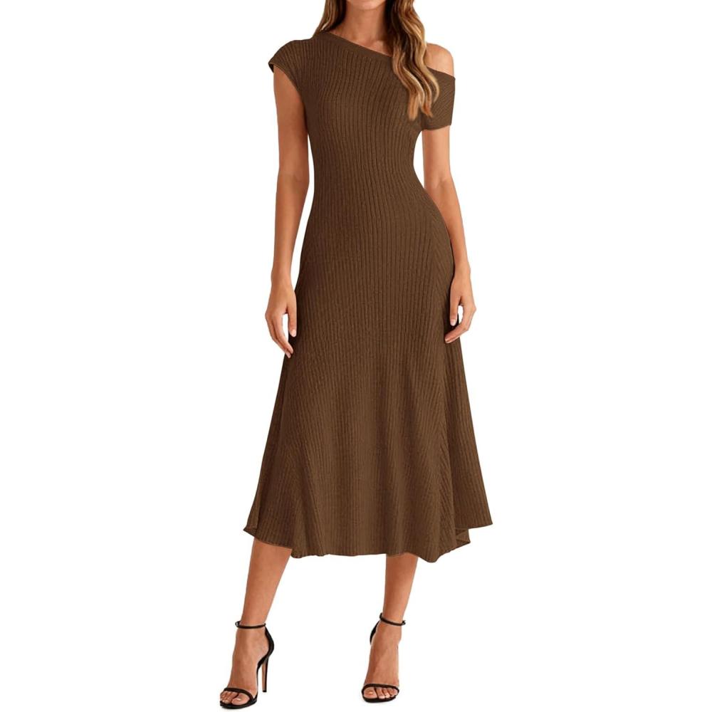 imageBTFBM Womens Spring Dresses 2026 Asymmetrical Neck Short Sleeve Pleated Swing Knit Midi Dress Business CasualBrown