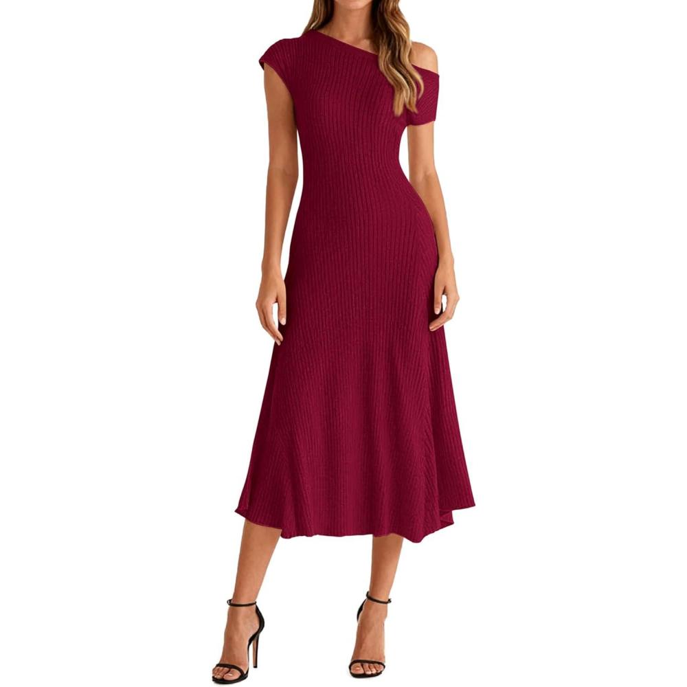 imageBTFBM Womens Spring Dresses 2026 Asymmetrical Neck Short Sleeve Pleated Swing Knit Midi Dress Business CasualBurgundy