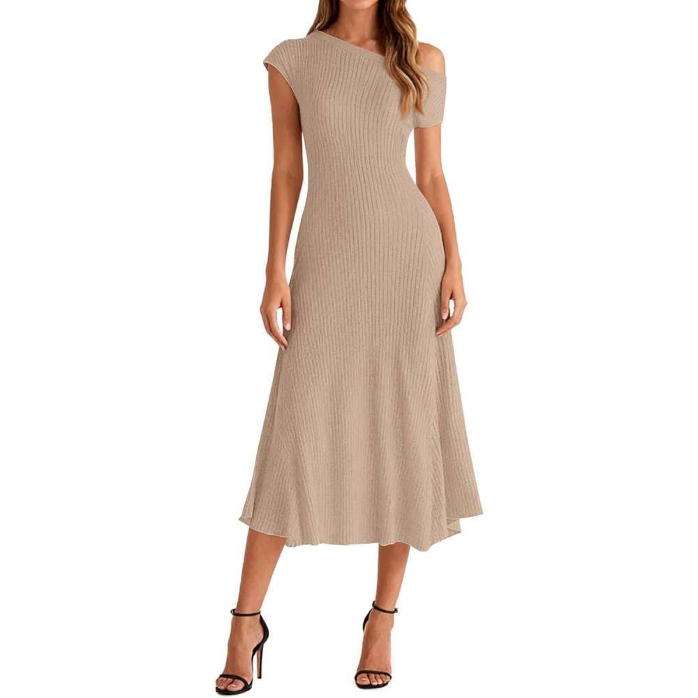 imageBTFBM Womens Spring Dresses 2026 Asymmetrical Neck Short Sleeve Pleated Swing Knit Midi Dress Business CasualKhaki