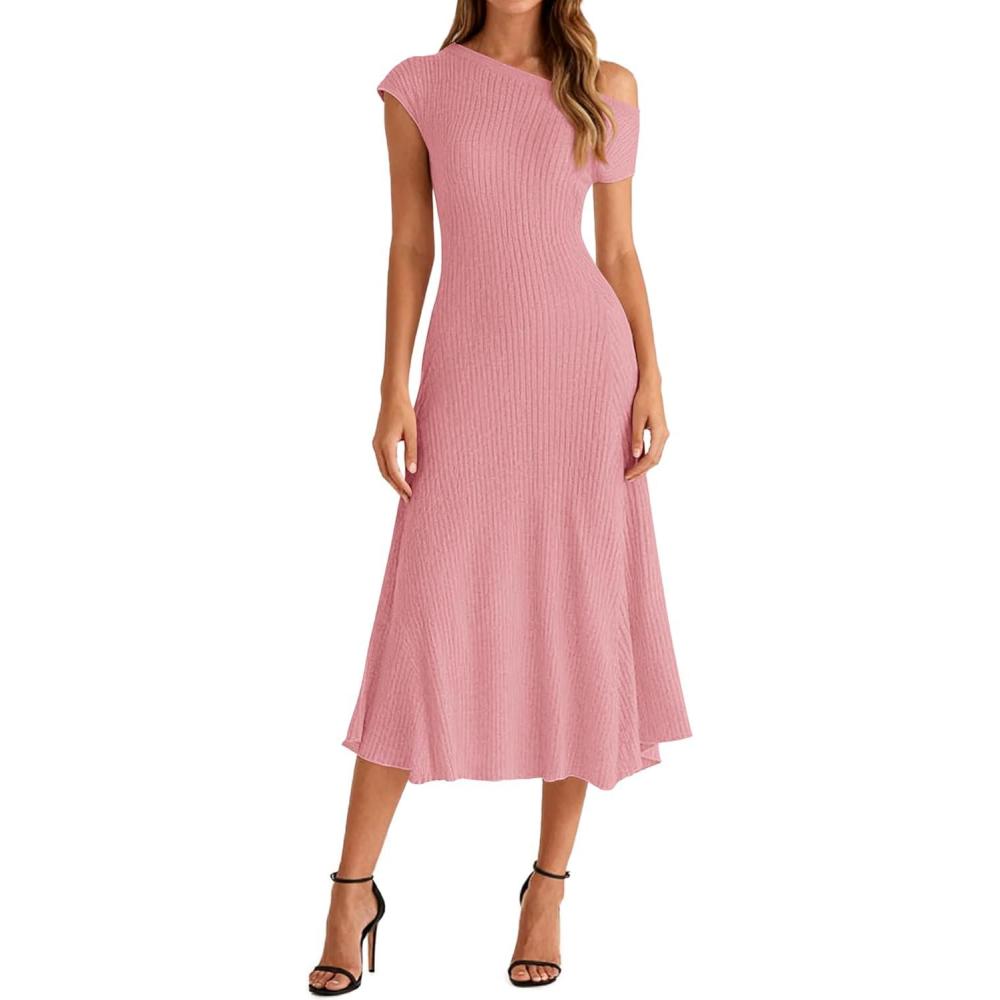 imageBTFBM Womens Spring Dresses 2026 Asymmetrical Neck Short Sleeve Pleated Swing Knit Midi Dress Business CasualPink