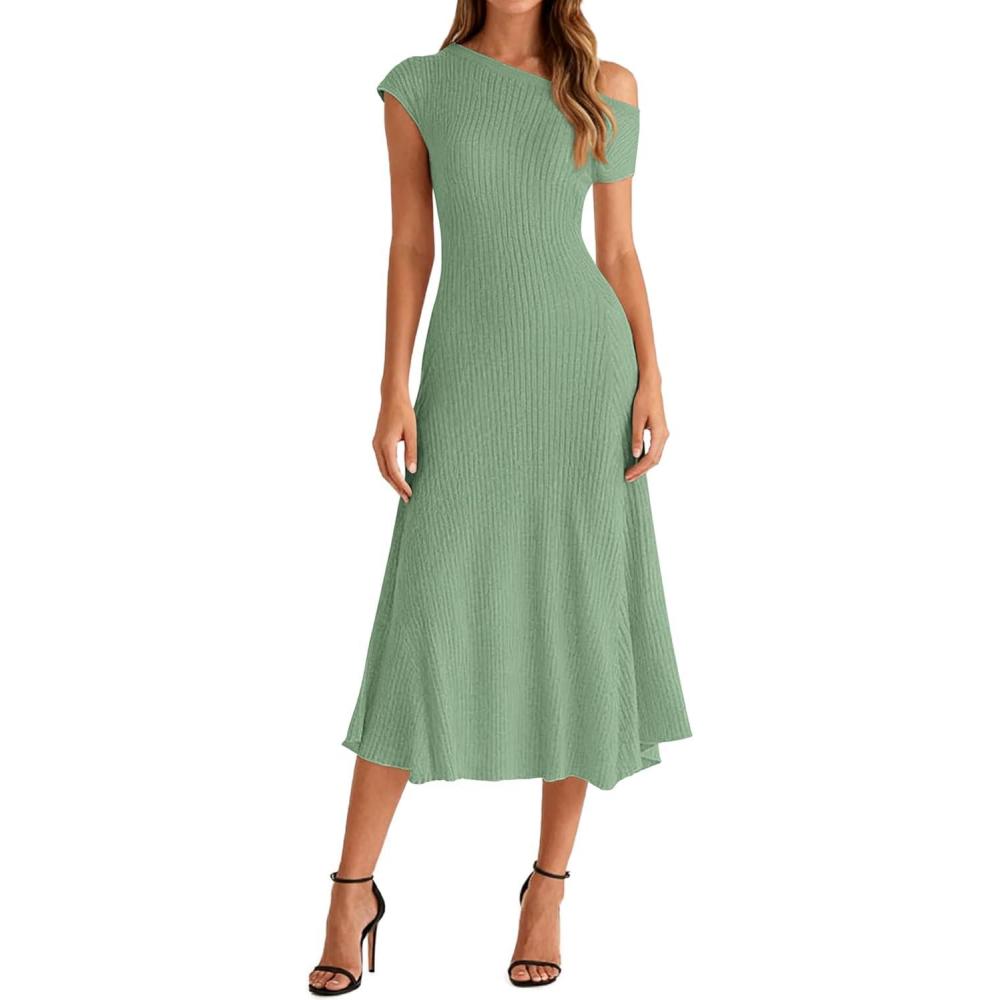imageBTFBM Womens Spring Dresses 2026 Asymmetrical Neck Short Sleeve Pleated Swing Knit Midi Dress Business CasualSage Green