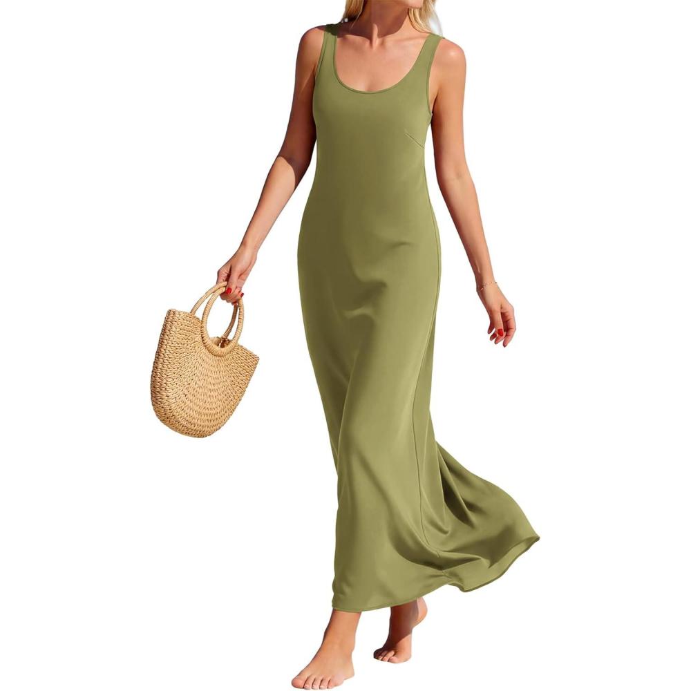 imageBTFBM Womens Summer Tank Dress 2026 Sleeveless Scoop Neck Boho Sundress Satin Loose Flowy Party Beach DressesArmy Green