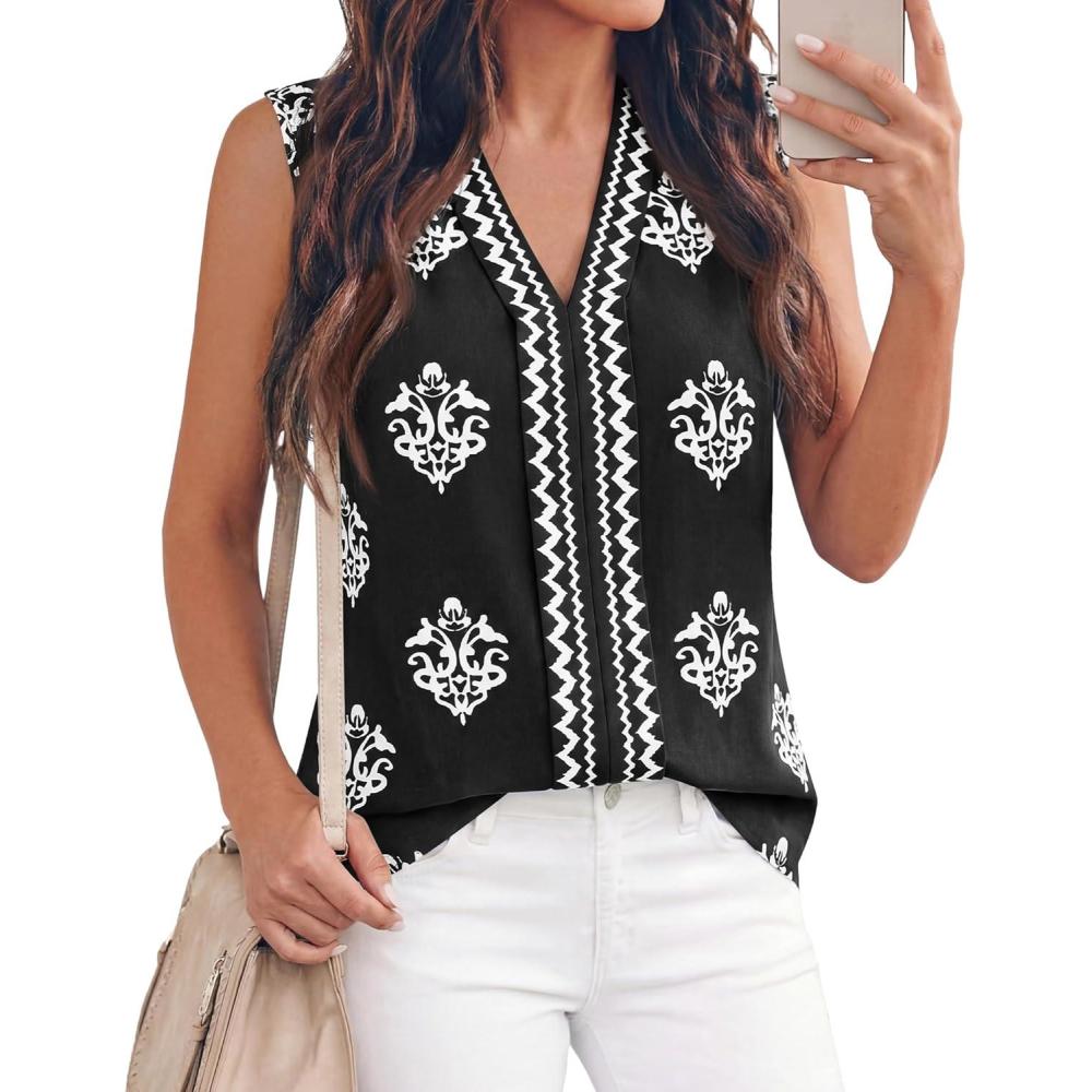 imageBTFBM Womens Tank Tops Floral Printed V Neck Sleeveless Spring 2026 Business Work Dressy Casual Shirts Chiffon BlousesBlack