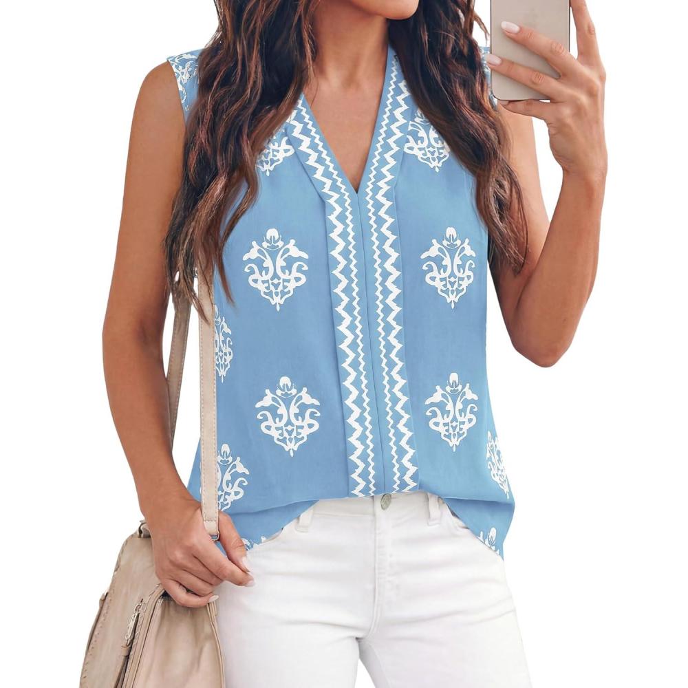 imageBTFBM Womens Tank Tops Floral Printed V Neck Sleeveless Spring 2026 Business Work Dressy Casual Shirts Chiffon BlousesLight Blue