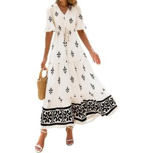 BTFBM Boho Dresses for Women 2026 Summer Spring Casual Floral Short Sleeve V Neck Flowy A-Line Maxi Party Dress Pockets(Floral Apricot Black)