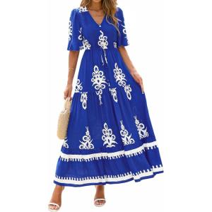 BTFBM Boho Dresses for Women 2026 Summer Spring Casual Floral Short Sleeve V Neck Flowy A-Line Maxi Party Dress Pockets(Floral Blue White)