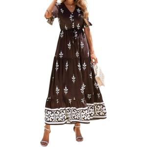 BTFBM Boho Dresses for Women 2026 Summer Spring Casual Floral Short Sleeve V Neck Flowy A-Line Maxi Party Dress Pockets(Floral Coffee White)