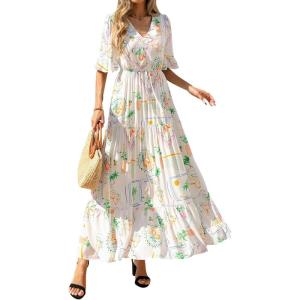 BTFBM Boho Dresses for Women 2026 Summer Spring Casual Floral Short Sleeve V Neck Flowy A-Line Maxi Party Dress Pockets(Floral White Multi)