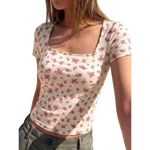 BTFBM Floral Square Neck Tops for Women 2026 Trendy Summer Outfits Short Sleeve Shirts Boho Top Beach Vacation Clothes(Beige Pink Flower)