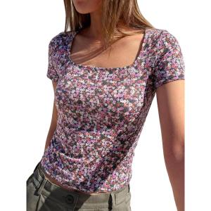 BTFBM Floral Square Neck Tops for Women 2026 Trendy Summer Outfits Short Sleeve Shirts Boho Top Beach Vacation Clothes(Black Purple Pink Flower)