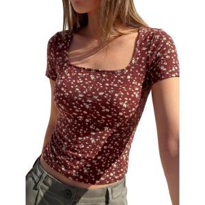BTFBM Floral Square Neck Tops for Women 2026 Trendy Summer Outfits Short Sleeve Shirts Boho Top Beach Vacation Clothes(Brown Beige Flower)