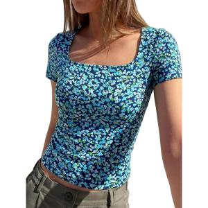 BTFBM Floral Square Neck Tops for Women 2026 Trendy Summer Outfits Short Sleeve Shirts Boho Top Beach Vacation Clothes(Dark Blue Blue Flower)