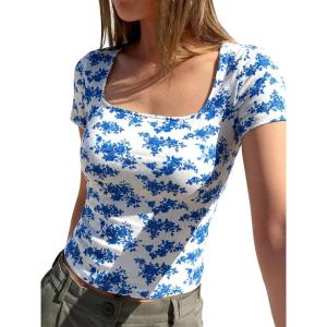 BTFBM Floral Square Neck Tops for Women 2026 Trendy Summer Outfits Short Sleeve Shirts Boho Top Beach Vacation Clothes(White Blue Flower)