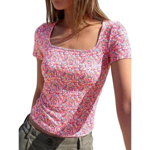BTFBM Floral Square Neck Tops for Women 2026 Trendy Summer Outfits Short Sleeve Shirts Boho Top Beach Vacation Clothes(White Pink Flower)