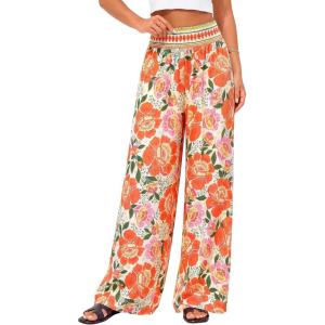 BTFBM Floral Wide Leg Pants Woman Spring Summer 2026 Smocked Elastic Waist Long Pant Resort Wear Beach Vacation Outfits(Beige)