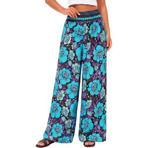 BTFBM Floral Wide Leg Pants Woman Spring Summer 2026 Smocked Elastic Waist Long Pant Resort Wear Beach Vacation Outfits(Black)