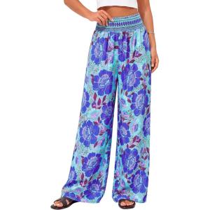 BTFBM Floral Wide Leg Pants Woman Spring Summer 2026 Smocked Elastic Waist Long Pant Resort Wear Beach Vacation Outfits(Blue)