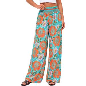 BTFBM Floral Wide Leg Pants Woman Spring Summer 2026 Smocked Elastic Waist Long Pant Resort Wear Beach Vacation Outfits(Green)