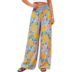 BTFBM Floral Wide Leg Pants Woman Spring Summer 2026 Smocked Elastic Waist Long Pant Resort Wear Beach Vacation Outfits(Light Blue)