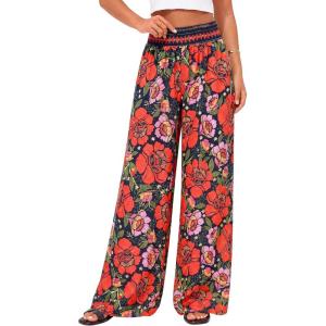 BTFBM Floral Wide Leg Pants Woman Spring Summer 2026 Smocked Elastic Waist Long Pant Resort Wear Beach Vacation Outfits(Navy Blue)