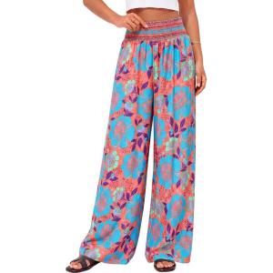 BTFBM Floral Wide Leg Pants Woman Spring Summer 2026 Smocked Elastic Waist Long Pant Resort Wear Beach Vacation Outfits(Orange)