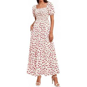 BTFBM Spring Summer Dresses for Women 2026 Puff Short Sleeve Smocked Floral Print Boho Beach Wedding Guest Maxi Dress(Floral Apricot Rose Red)