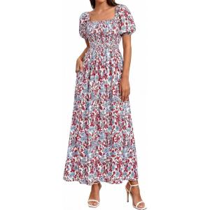 BTFBM Spring Summer Dresses for Women 2026 Puff Short Sleeve Smocked Floral Print Boho Beach Wedding Guest Maxi Dress(Floral Beige Multi)