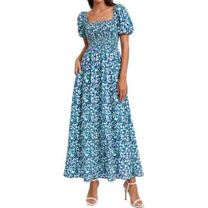 BTFBM Spring Summer Dresses for Women 2026 Puff Short Sleeve Smocked Floral Print Boho Beach Wedding Guest Maxi Dress(Floral Blue Green)