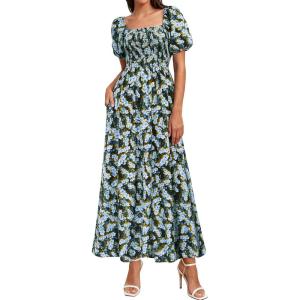 BTFBM Spring Summer Dresses for Women 2026 Puff Short Sleeve Smocked Floral Print Boho Beach Wedding Guest Maxi Dress(Floral Blue Yellow)