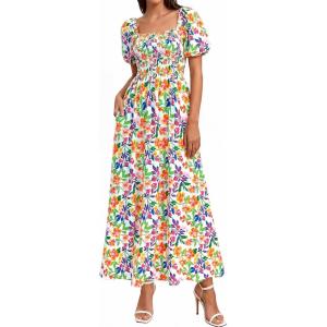 BTFBM Spring Summer Dresses for Women 2026 Puff Short Sleeve Smocked Floral Print Boho Beach Wedding Guest Maxi Dress(Floral Light Green Multi)