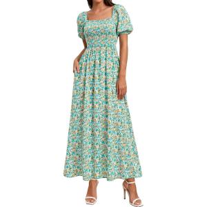 BTFBM Spring Summer Dresses for Women 2026 Puff Short Sleeve Smocked Floral Print Boho Beach Wedding Guest Maxi Dress(Light Green Flower)