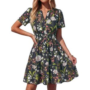 BTFBM Summer Dresses for Women 2026 Lightweight Casual Short Sleeve Floral Mini Dress A Line Beach Vacation Sundress(Black Pink Flower)