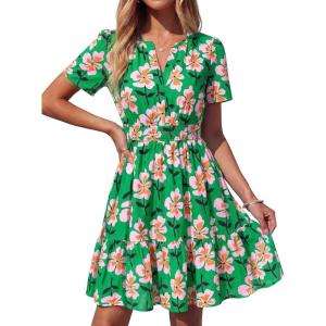 BTFBM Summer Dresses for Women 2026 Lightweight Casual Short Sleeve Floral Mini Dress A Line Beach Vacation Sundress(Green Pink Flower)