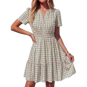 BTFBM Summer Dresses for Women 2026 Lightweight Casual Short Sleeve Floral Mini Dress A Line Beach Vacation Sundress(Light Khaki)