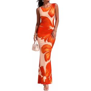 BTFBM Women Floral Cocktail Wedding Guest Dress Summer Spring 2026 Twist Strap Bodycon Mesh Beach Vacation Maxi Dresses(Floral Orange Pink Red)
