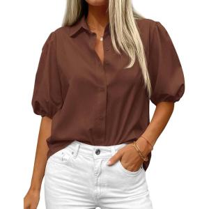 BTFBM Women’s Button Down Shirts Short Puff Sleeve Collared V Neck 2026 Summer Tops Dressy Casual Work Business Blouses(Brown)