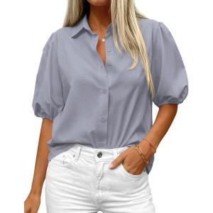 BTFBM Women’s Button Down Shirts Short Puff Sleeve Collared V Neck 2026 Summer Tops Dressy Casual Work Business Blouses(Grey)