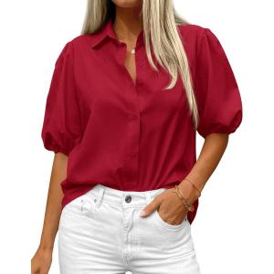 BTFBM Women’s Button Down Shirts Short Puff Sleeve Collared V Neck 2026 Summer Tops Dressy Casual Work Business Blouses(Red)