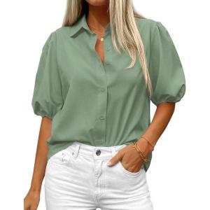BTFBM Women’s Button Down Shirts Short Puff Sleeve Collared V Neck 2026 Summer Tops Dressy Casual Work Business Blouses(Sage Green)