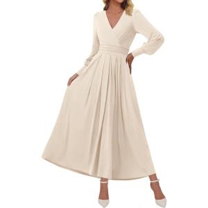 BTFBM Womens Long Sleeve Maxi Dress Fall 2025 Casual V Neck Knit A Line Flowy Pockets Elegant Party Wedding Guest Dresses(Beige)